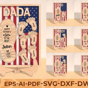 Segno con impronta del piede per la festa del papà in formato SVG, file di taglio laser con bandiera americana per regalo papà, pannello personalizzato per papà, file di taglio Glowforge per papà, PAPÀ, PAPÀ