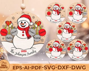Personalized Snowman Family Ornament SVG: Laser Cut Christmas Decor (Digital File)