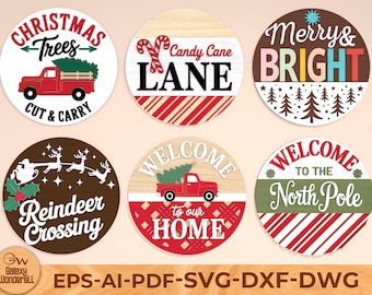 May include: A collection of six circular wooden Christmas signs. Designs feature festive text and imagery, including a red truck, candy canes, reindeer, and the phrases "Merry & Bright" and "Welcome".
