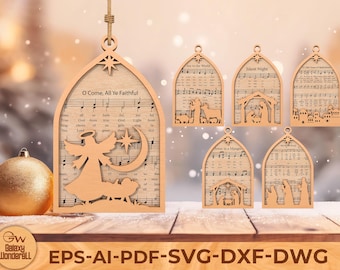 Christmas Carol SVG Laser Cut Files, Nativity Ornament Templates, Sheet Music Wood Decor for Glowforge Cricut
