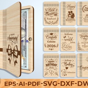 May include: A wooden money holder with a bow and the words "Happy Anniversary!" engraved on the front. Inside, a US $100 bill is visible. Additional wooden cards with engraved designs and text for various occasions are also shown.