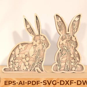 Pacchetto di file SVG a strati di conigli tagliati al laser di Pasqua, coniglietto floreale multistrato in piedi, coniglio tagliato con fiori, file SVG tagliato al laser.