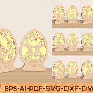 Paquete de lámparas de huevo de Pascua 3D, luz de noche cortada con láser, caja de luz LED cortada con láser, linterna decorativa SVG, luz de noche de Pascua de madera, linterna de Pascua