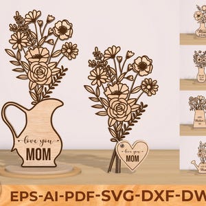Laserdatei Blumenvase mit Blumen, Wildblumen und Vasen SVG Bundle, Florals Muttertag Geschenkanhänger, Holzvase Laser Cut Dateien