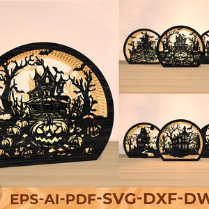 Halloween Haunted House Lantern SVG , 3D Shadow Box Light Box Laser Cut Files , Glowforge Spooky Pumpkin Scene SVG, Lantern Digital Download