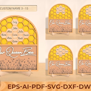 Gepersonaliseerde bijenkorf familie teken SVG, onze bijenkoningin svg, cadeau voor moeder, Moederdag cadeaus svg, Glowforge svg-bestanden, lasergesneden bestanden
