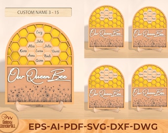 Cartello personalizzato per la famiglia dell'alveare SVG, cartello della nostra ape regina SVG, regalo per la mamma, regali per la festa della mamma SVG, file SVG Glowforge, file tagliati al laser