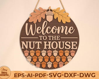 Fall Welcome Sign SVG: Round Door Hanger Laser Cut File (Digital Download