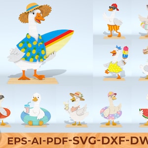 May include: A collection of cartoon geese in various summer outfits. One goose wears a straw hat, pineapple shirt, and holds a surfboard. Other geese wear sunglasses, swimsuits, and floaties. The image includes the text "EPS-AI-PDF-SVG-DXF-DWG".