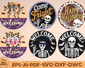 May include: A selection of round wooden Halloween signs featuring skeleton designs, bats, and the words "Welcome", "Come Fright In", and "Happy Halloween". The signs have a variety of colour schemes and are ideal for seasonal decorations.