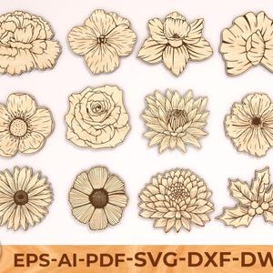 Geboortebloem SVG-bundel, 12-maandelijkse bloem lasergesneden bestand, bloem lasergesneden houtgegraveerde magneet Roos, violet, madeliefje, pioenroos, zonnebloem, lelie