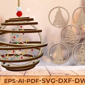 May include: Wooden Christmas ornament with a spiral design, featuring a Christmas tree and colourful lights. Includes additional laser-cut tree designs in circular frames. The ornament hangs from a string with a red bead.