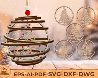 Könnte beinhalten: Weihnachtsbaumschmuck aus Holz mit einem Spiraldesign, das einen Weihnachtsbaum und bunte Lichter zeigt. Enthält zusätzliche lasergeschnittene Baumdesigns in kreisförmigen Rahmen. Der Schmuck hängt an einer Schnur mit einer roten Perle.