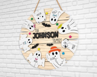 Personalized Family Ghost Door Sign Svg, Cute Ghost Halloween Door Round Signs, Round Door Hanger Svg,Halloween Decor