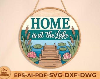 Lake House Welcome Sign SVG: Round Door Hanger Laser File (Digital Download)