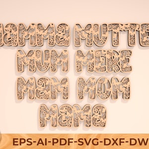 Op de afbeelding: Een set van vijf houten uitsnijdingen met bloemmotieven die "MAMMA MUTTER MUM MERE MAM MOM MA MA" spellen.