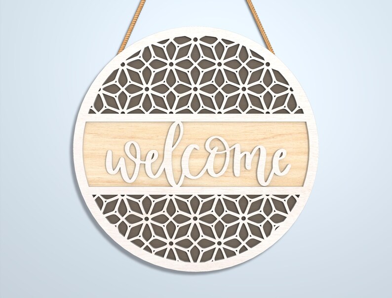 Geometric Welcome Door Sign Laser Cut SVG, Modern Round Wall Decor ...