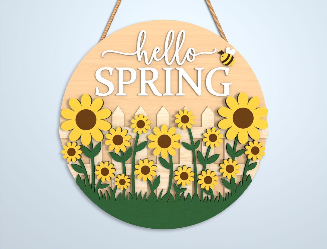 Hello Spring Wooden Sign Laser Cut File SVG DXF, Layered Spring Door ...
