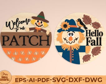 かかしの秋のドアハンガー SVG: ひまわりのレーザーカットファイル