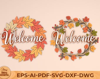Leaves Welcome Sign SVG: Autumn Door Hanger Laser Cut File