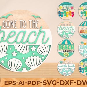 May include: A set of ten SVG cut files for crafting. The files feature a variety of beach-themed designs, including "Gone to the Beach", "Hello Summer", "Beach Please", and "Welcome Summer".
