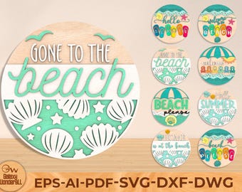 Sommer Strand Holz Rundes Schild, Strand Laser Cut Design SVG, Willkommen am Strand Zeichen, runder Türschild svg, Glowforge Laserdatei