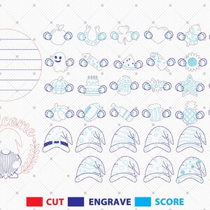 K&ouml;nnte beinhalten: Eine digitale Designdatei mit einer Sammlung von Strichzeichnungen, darunter ein Gnom mit dem Text Welcome, eine kreisf&ouml;rmige linierte Vorlage und verschiedene saisonale Formen, die von Cartoon-H&auml;nden gehalten werden, farblich f&uuml;r Schnitt, Gravur und Ritzung markiert.