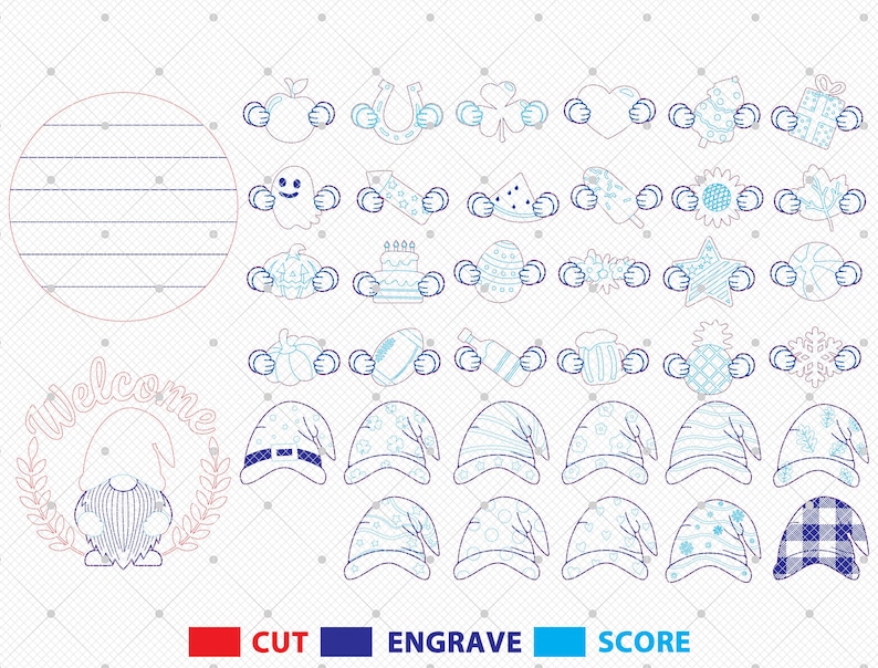 K&ouml;nnte beinhalten: Eine digitale Designdatei mit einer Sammlung von Strichzeichnungen, darunter ein Gnom mit dem Text Welcome, eine kreisf&ouml;rmige linierte Vorlage und verschiedene saisonale Formen, die von Cartoon-H&auml;nden gehalten werden, farblich f&uuml;r Schnitt, Gravur und Ritzung markiert.