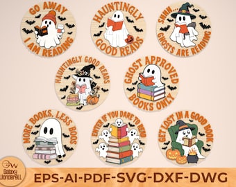 Ghost Book Lover Halloween Door Sign SVG Bundle: Laser Cut Files