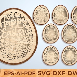 May include: Laser-cut wooden Easter egg decorations. The main egg features the words "Happy Easter" surrounded by floral and leaf designs. Additional eggs showcase various spring-themed cutouts, including flowers, butterflies, and a bunny on a bicycle.