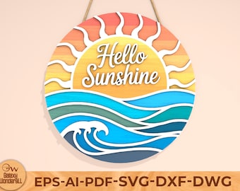 Hello Sunshine Rising Sun Sign Cutfile: Door Hanger SVG, Laser File