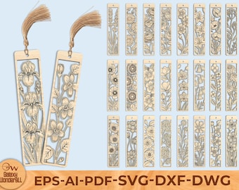 Floral Bookmark SVG Bundle, Laser Cut Bookmark Template, Flower Engraving Bookmarks, Layered Wood Bookmark SVG, Glowforge Laser Cut Files