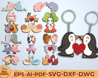 Animal Couple Keychain SVG Bundle, Cute Love Animals Laser Cut Files, Layered Wood Ornament & Gift, Valentine Decor SVG for Cricut Glowforge