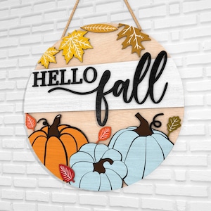 Hola otoño puerta percha svg, signo de puerta de otoño, signo de bienvenida svg, hojas de calabaza percha de puerta SVG, percha de puerta redonda svg, signo de bienvenida de otoño