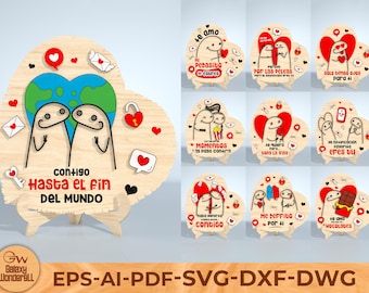 May include: Wooden heart-shaped decorations with various designs. One features two figures with the text "Contigo Hasta el Fin Del Mundo." Other designs include couples, hearts, and phrases like "Te Amo." The decorations are on stands.