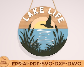 Lake Life Cattails svg, ronde deurhanger svg, Lake House wanddecor, Glowforge laserbestand, Cricut, Silhouette gesneden bestand, digitale download