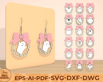 Cute Ghost Earrings SVG, Halloween Ghost Earrings Template with Bow, Laser Cut Dangle Earrings, Kawaii Ghost Jewelry Cricut File