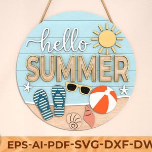 Hello Summer Wood Round Sign Cutfile, Summer Beach Laser Cut SVG, Hello Summer Flip Flop , Summer Round Porch Sign Svg, Glowforge Laser File