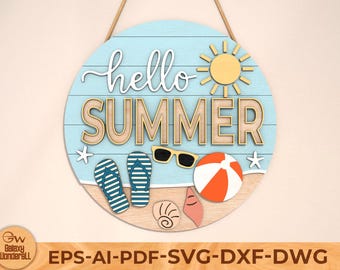 Hello Summer Wood Round Sign Cutfile, Summer Beach Laser Cut SVG, Hello Summer Flip Flop , Summer Round Porch Sign Svg, Glowforge Laser File