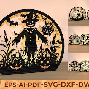 May include: A black and tan wooden Halloween decoration featuring a scarecrow, pumpkins, bats, and a spiderweb design. The text "Trick or Treat" is visible on some of the smaller decorations. The product is available in EPS, AI, PDF, SVG, DXF, and DWG formats.