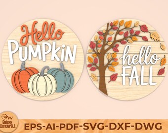 Zawieszka na drzwi Hello Fall Pumpkin SVG: pliki wycinane laserowo