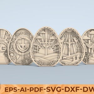 May include: Five wooden Easter egg cutouts with religious themes. Each egg features intricate layered designs, including crosses, rays of light, and the text "He is Risen." The eggs are light brown and have a natural wood grain.