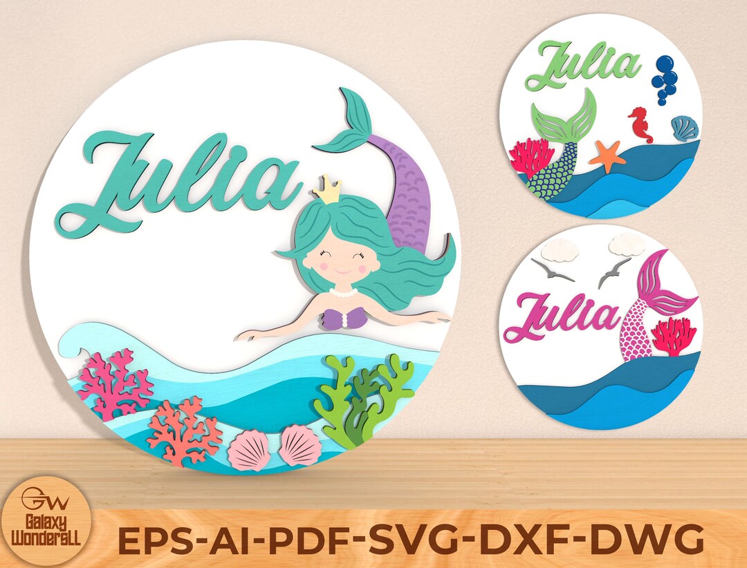 Personalized Mermaid Nursery Sign SVG: Custom Name, Waves (digital File ...