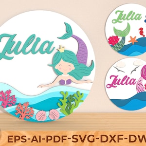 Gepersonaliseerde zeemeermin kinderkamerbord SVG, naambord babymeisje kinderkamer, golven kinderkamer rond bord SVG, aangepast naambord, Glowforge Cricut-bestand
