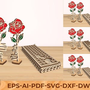 Soporte de flores rosas con caja cortada a láser SVG, Soporte para el Día de la Madre cortado a láser, Plantilla vectorial Glowforge para el Día de la Madre, Regalo para el Día de la Madre, Corte láser familiar