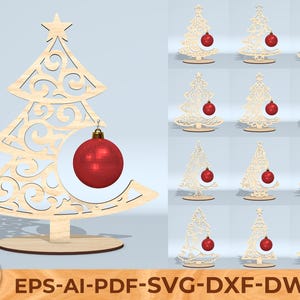 May include: Wooden Christmas tree ornament with a star on top and a red ornament. The tree has a decorative cutout design. The image also shows multiple smaller versions of the tree ornament. The text "EPS-AI-PDF-SVG-DXF-DWG" is at the bottom.
