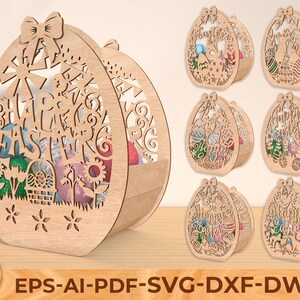 Archivo cortado con láser para canasta de Pascua, canasta de regalo de Pascua SVG con láser, diseño de canasta de huevos de Pascua de Feliz Pascua, diseño de canasta de Pascua cortada con láser