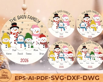 Personalized Snowman Family Ornament SVG, Custom Christmas Decoration Laser Cut File, Family Name 2026 Glowforge Cricut File