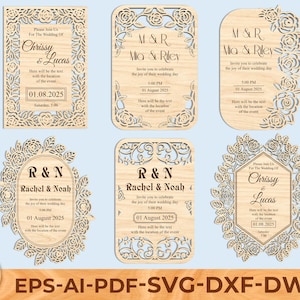 May include: Laser-cut wooden wedding invitations with floral and decorative designs. The invitations feature names, dates, and times, with space for event location details. The designs include rectangular, oval, and rounded shapes.
