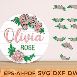 Benutzerdefinierte Holz Baby Namensschild, Rose Blume Zeichen, digitaler Download, Glowforge Laser-Datei, Cricut, Frühling Dekor, Kinderzimmer Wandkunst, Name Schild Mädchen